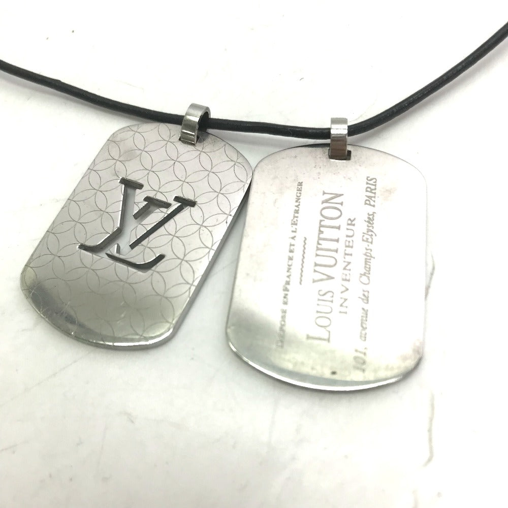 LOUIS VUITTON Necklace M65453 Stainless Steel , Leather Silver Dog Tag Choker Pandanthif Champs Elysees GM