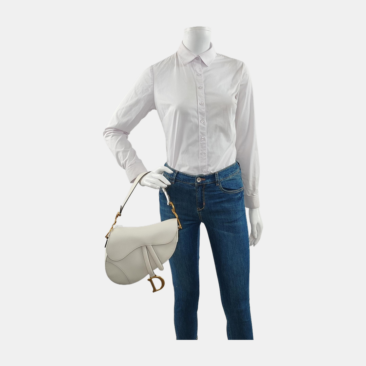 Dior Saddle Medium White Grained Leather Gold Hardware