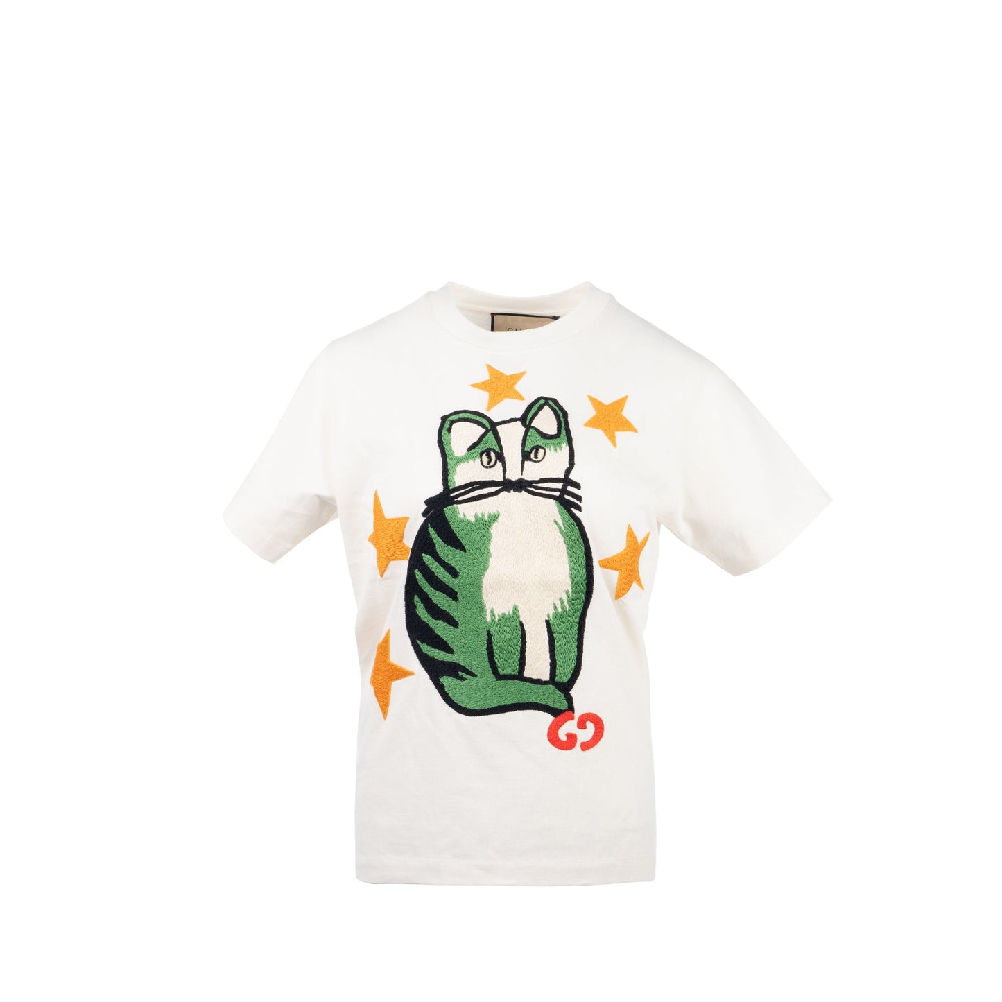 Gucci Size Logo/Cat/Star Embroidered T-shirt Cotton White/Multicolour