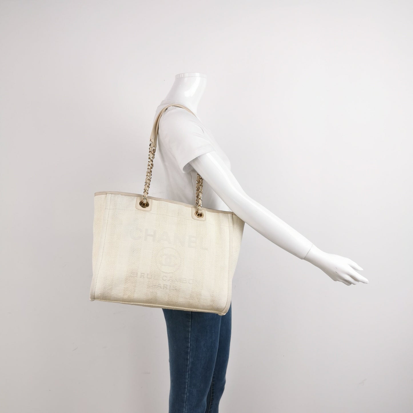 Chanel Deauville Tote Light Beige Stripes Cloth Leather Chain Handle Small 34cm