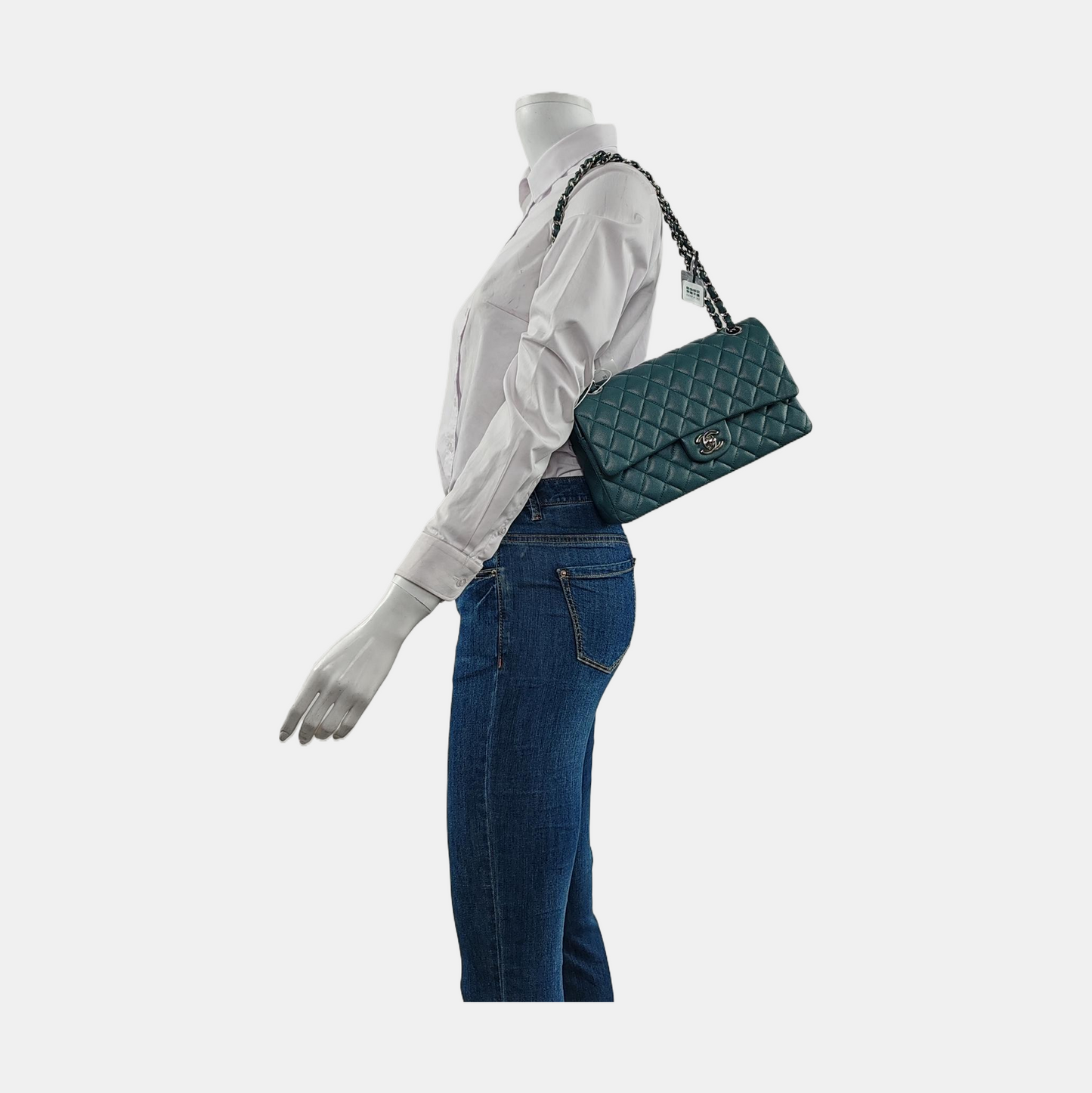 Chanel Classic Flap Medium Teal Green Caviar Leather with Silver Hardware