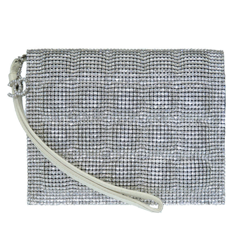 CHANEL Clutch bag Swarovski, Leather Silver rhinestone clutch bag Women