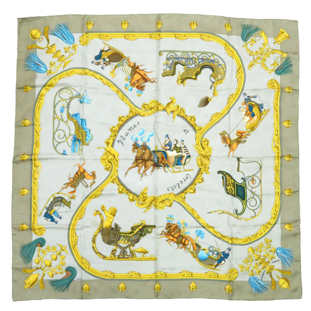 HERMES scarf silk beige Carre90 Plumes et Grelots Feathers and bells unisex(Unisex)