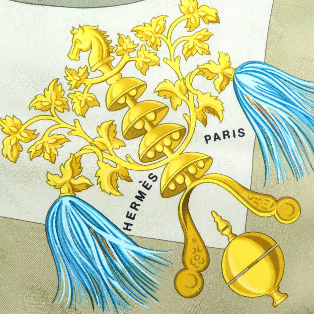 HERMES scarf silk beige Carre90 Plumes et Grelots Feathers and bells unisex(Unisex)