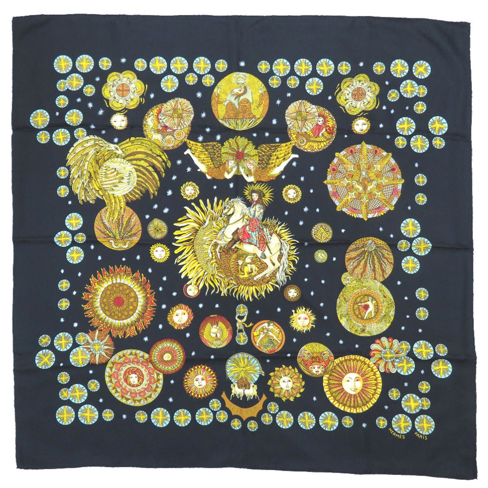 HERMES scarf silk black Carre90 LE ROY SOLEIL Sun King unisex(Unisex)