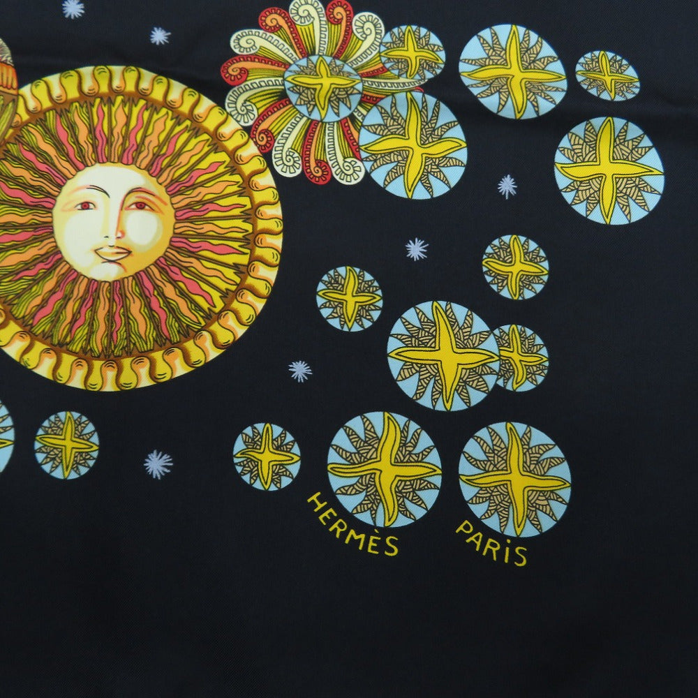 HERMES scarf silk black Carre90 LE ROY SOLEIL Sun King unisex(Unisex)