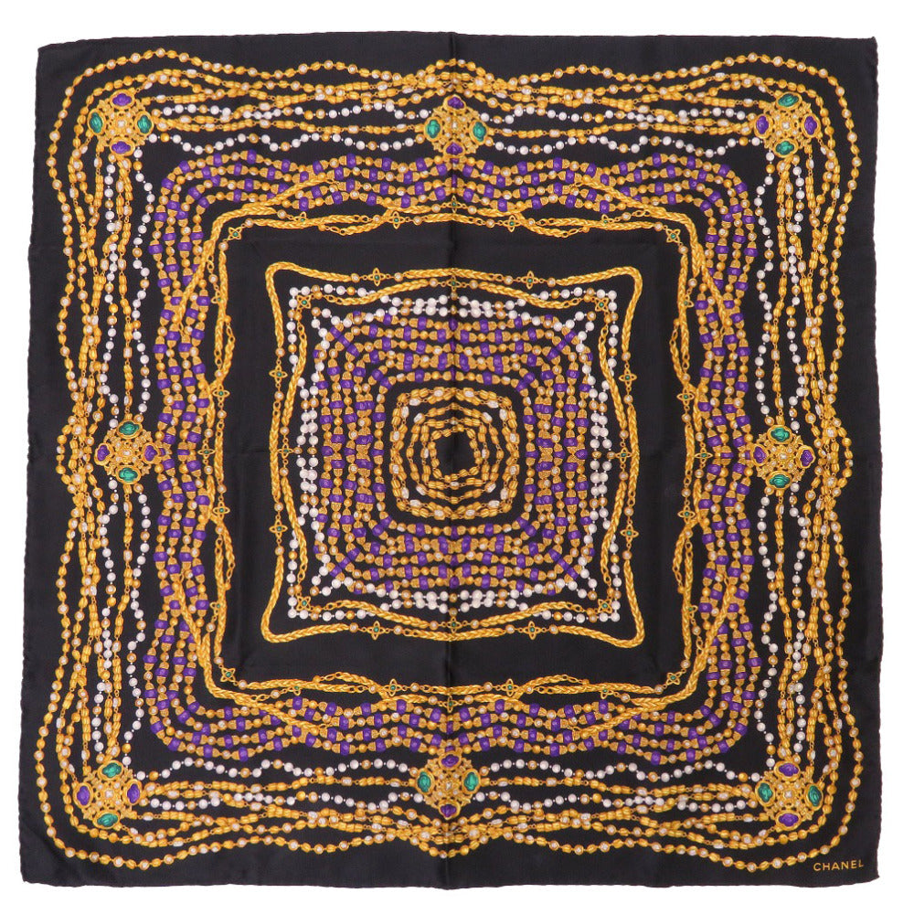 CHANEL scarf silk black Stone necklace motif Women