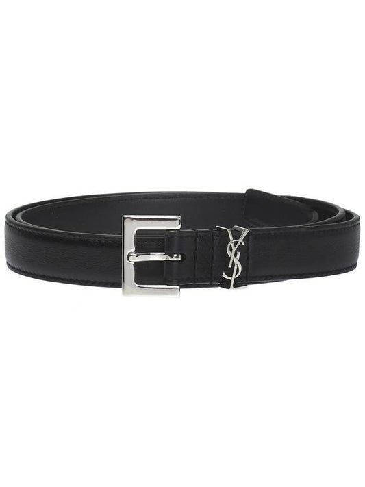 Luxury Saint Laurent Trending 2025 Square Buckle Cassandre Thin Leather Belt Black