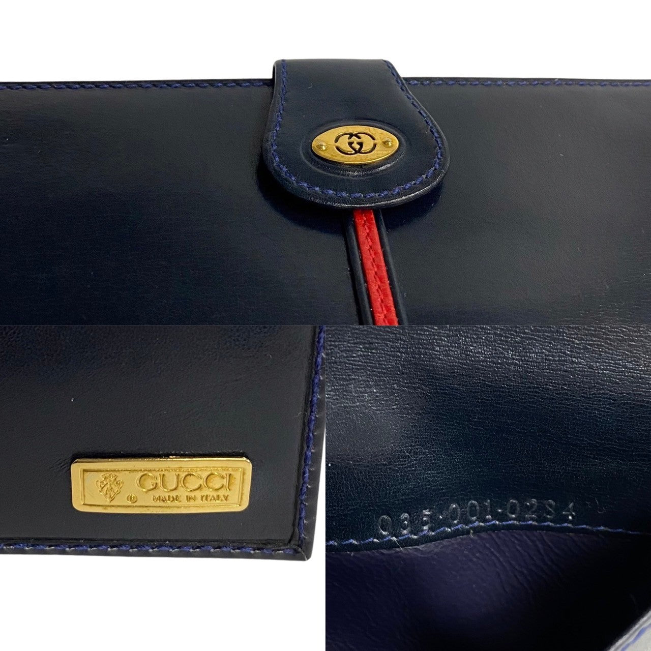 GUCCI Long Wallet Purse leather Navy GG logo Metal Sherry line Women