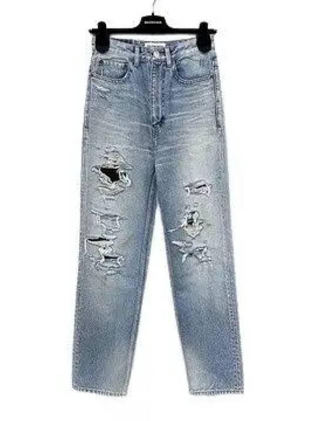 Luxury Balenciaga Trending 2025 Women's Distressed Denim Straight Jeans Vintage Blue