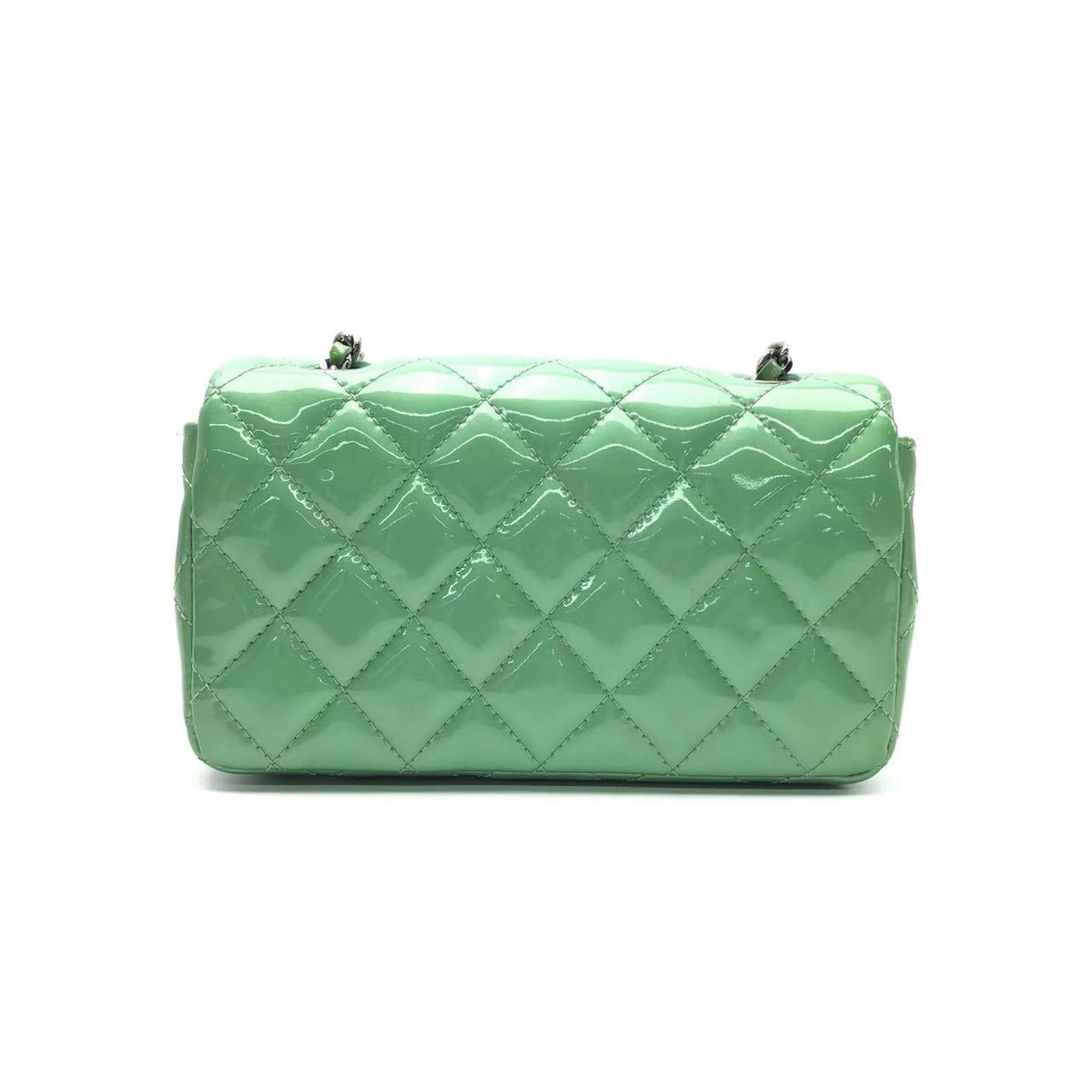 Chanel Classic Flap Super Mini Green Patent Leather Silver Chain