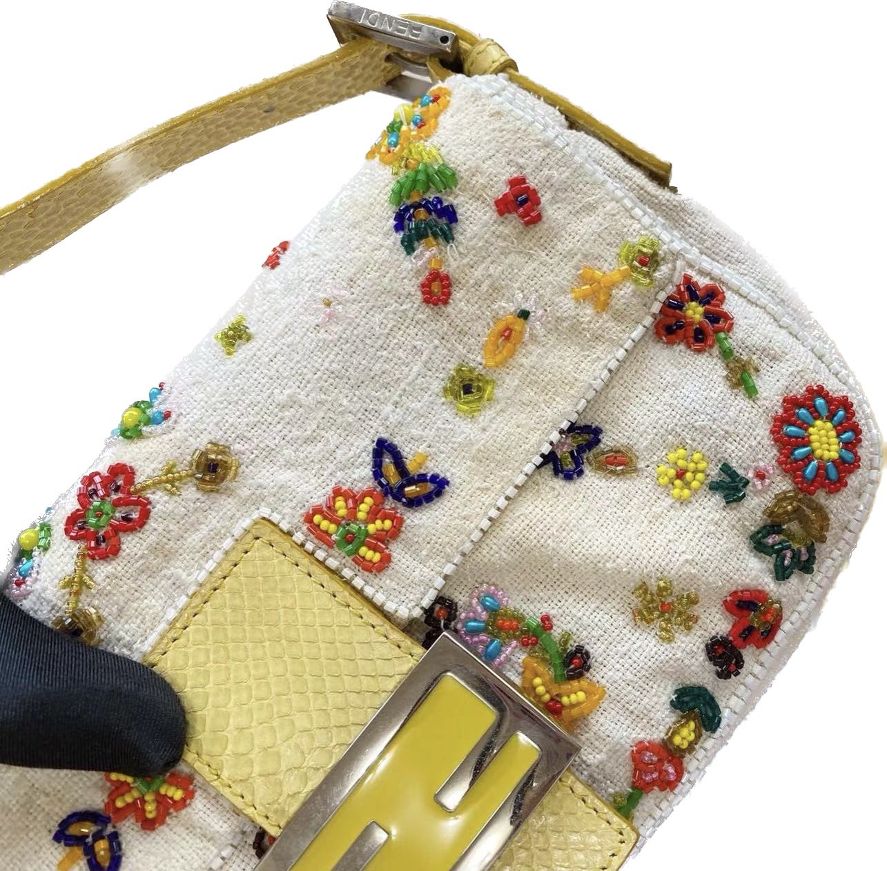Fendi Baguette glitter white canvas with floral beads