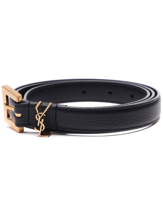 Luxury Saint Laurent Trending 2025 Cassandre Grained Leather Square Buckle Thin Belt Black