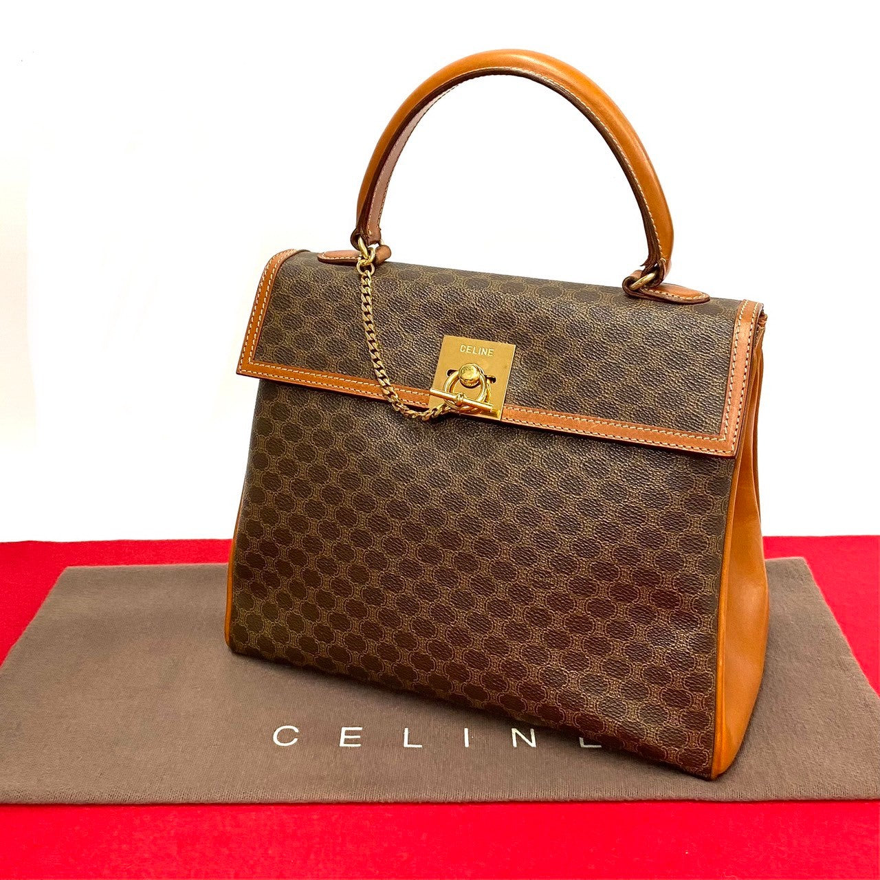 CELINE Handbag Leather, PVC Brown Macadam Blason Triomphe Pattern logo ring Metal Women(Unisex)