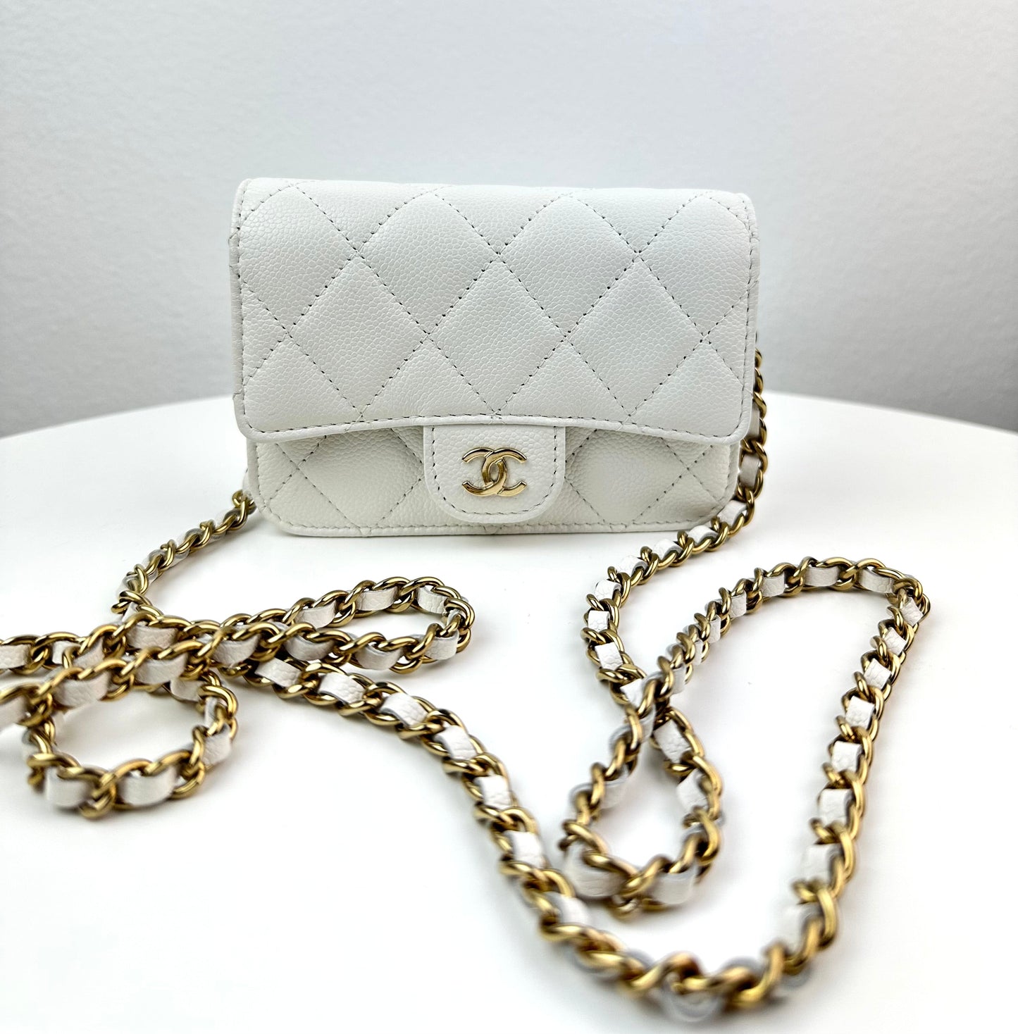 Chanel Caviar Quilted Flap Card Holder On Chain white