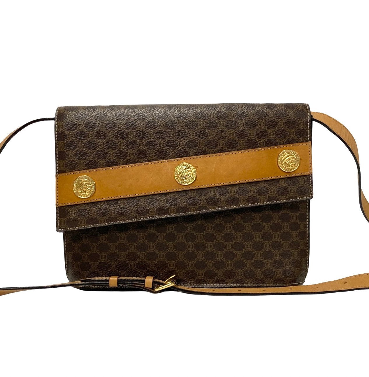 CELINE Shoulder Bag Leather, PVC Brown Macadam Blason Triomphe Pattern Women