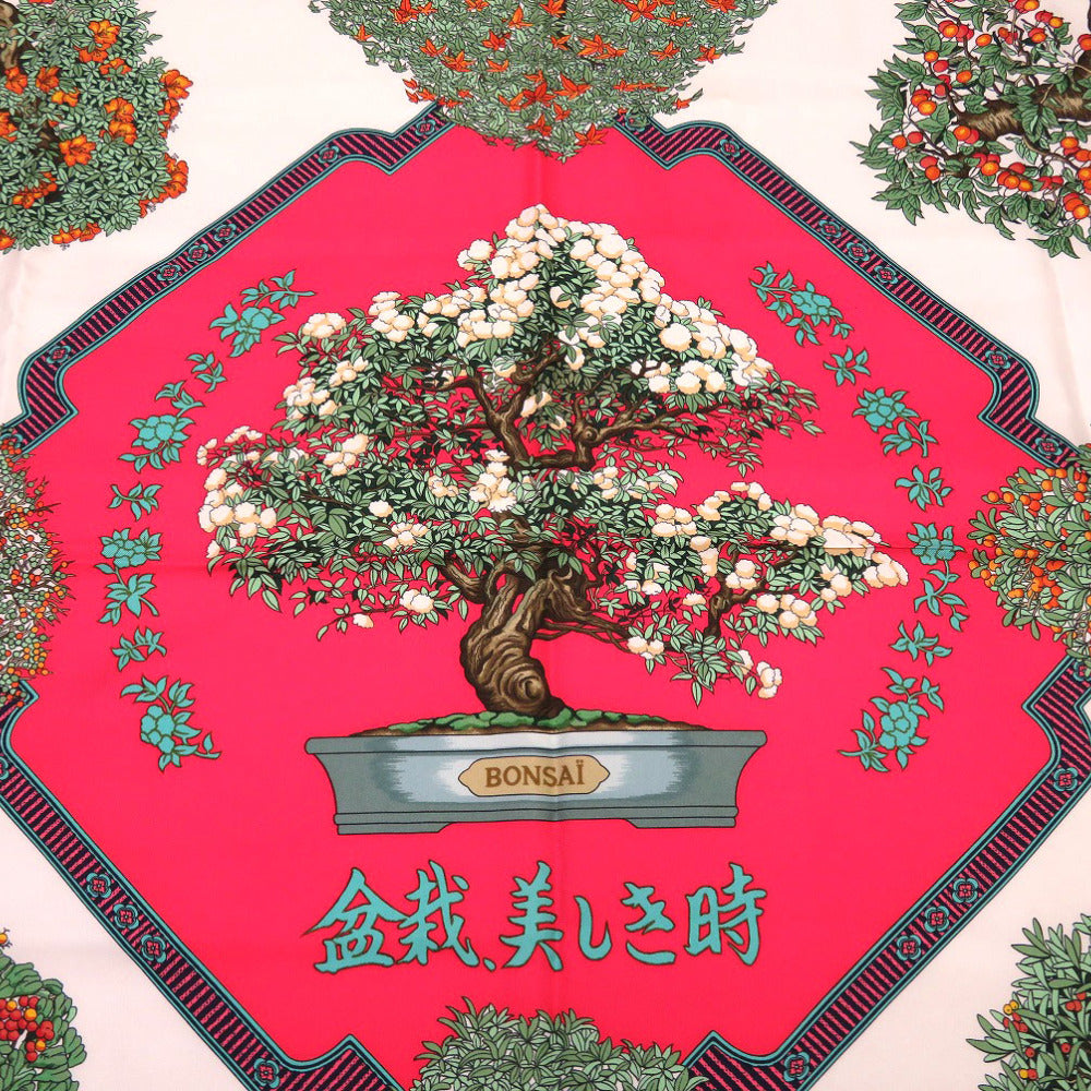 HERMES scarf silk Red Carre90 Bonsai Beautiful Town Women