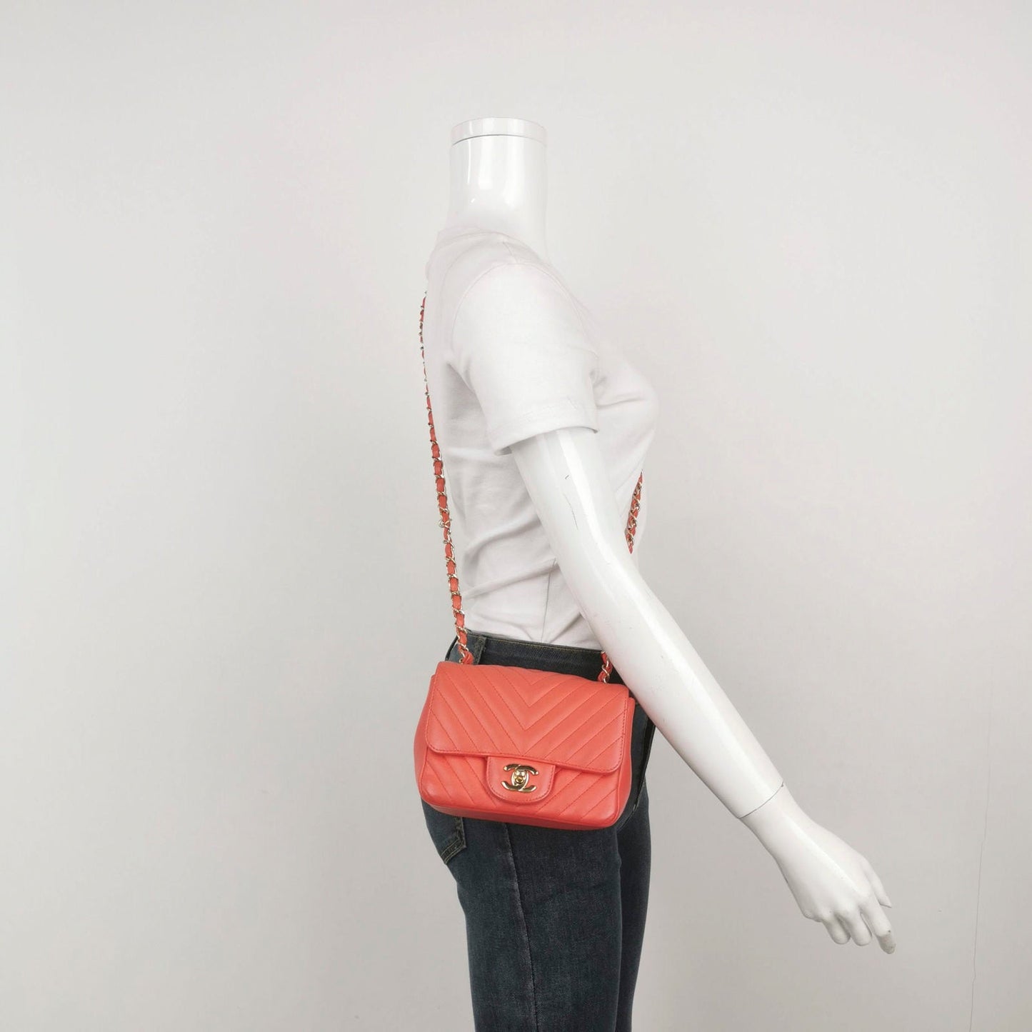 Chanel Classic Flap Square 2019 Coral Orange Chevron Lambskin Leather Bag