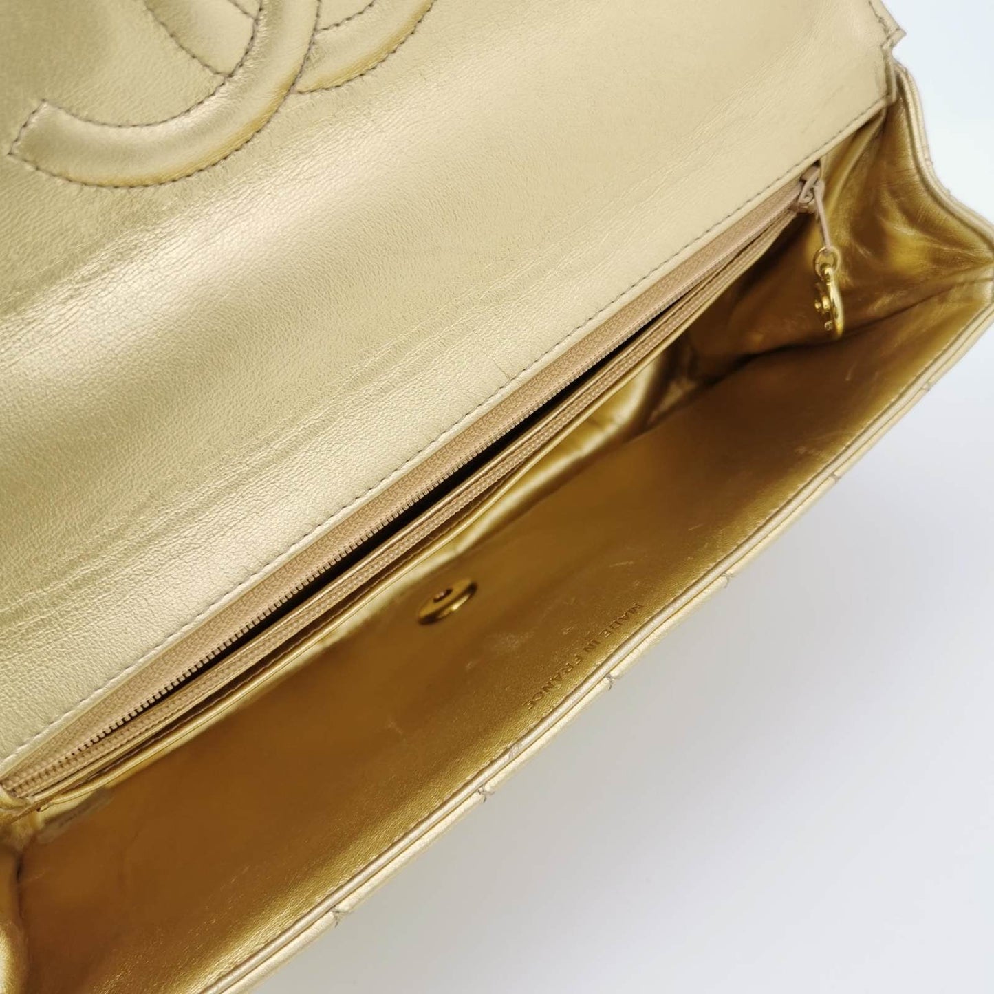 Chanel 1994 Classic Flap Kelly Top Handle Bag Medium Metallic Gold Lambskin Leather