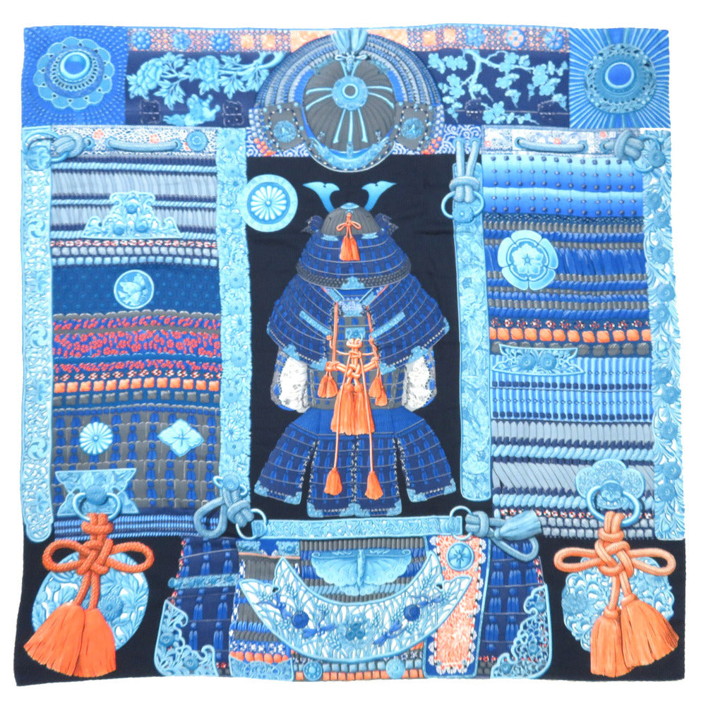 HERMES Stall cashmere blue Carre140 Samurai Armor Helmet Parures de Samourais Women