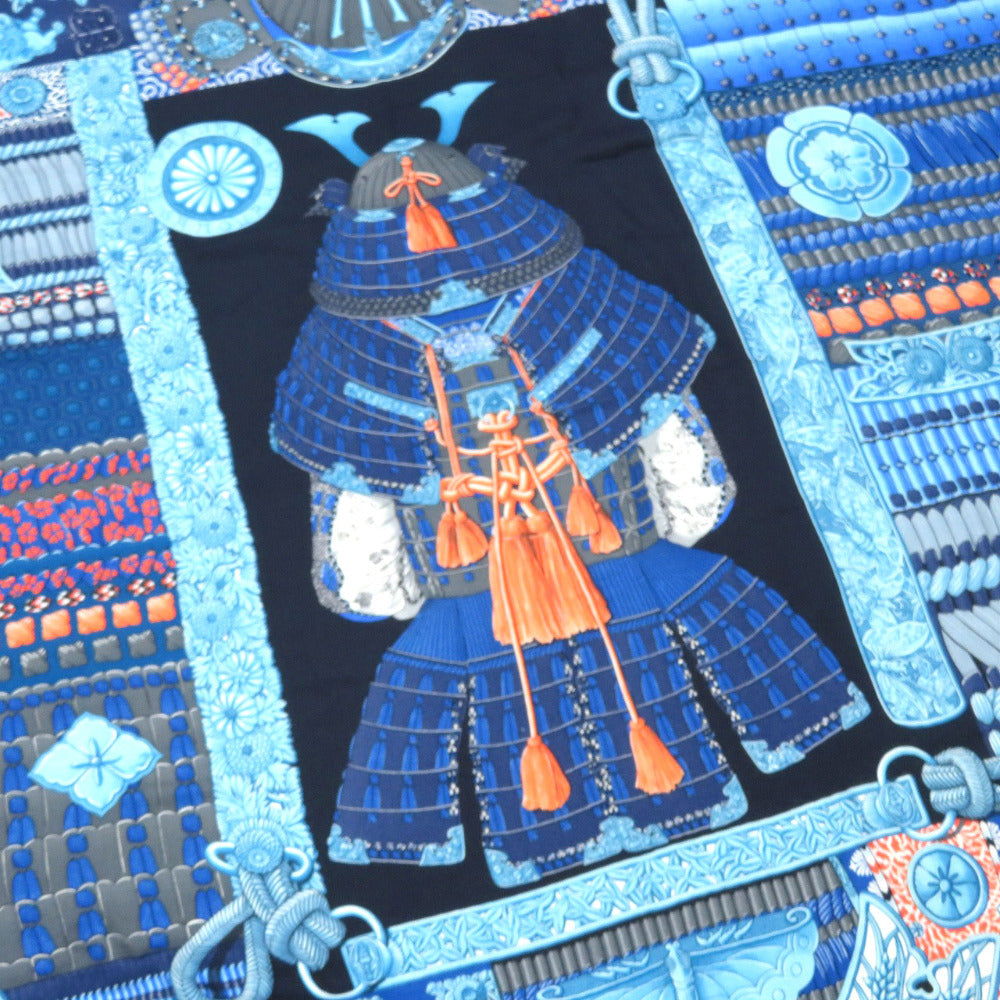 HERMES Stall cashmere blue Carre140 Samurai Armor Helmet Parures de Samourais Women
