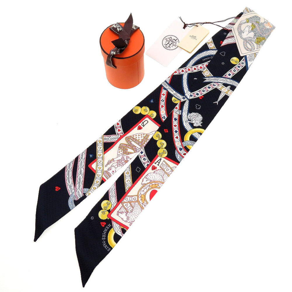 HERMES scarf silk black Beaded Pique Twilly Queen of Hearts DAME DE COEUR Women