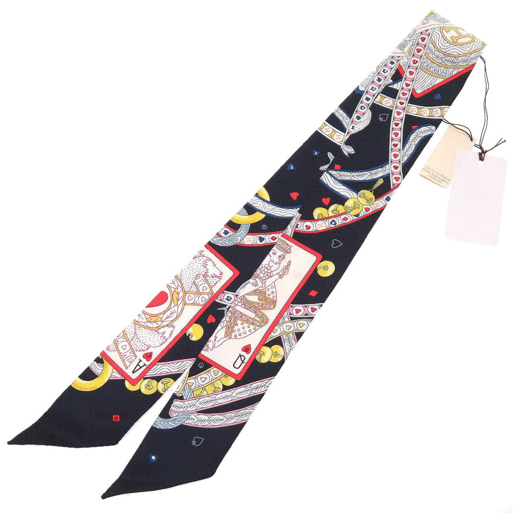 HERMES scarf silk black Beaded Pique Twilly Queen of Hearts DAME DE COEUR Women