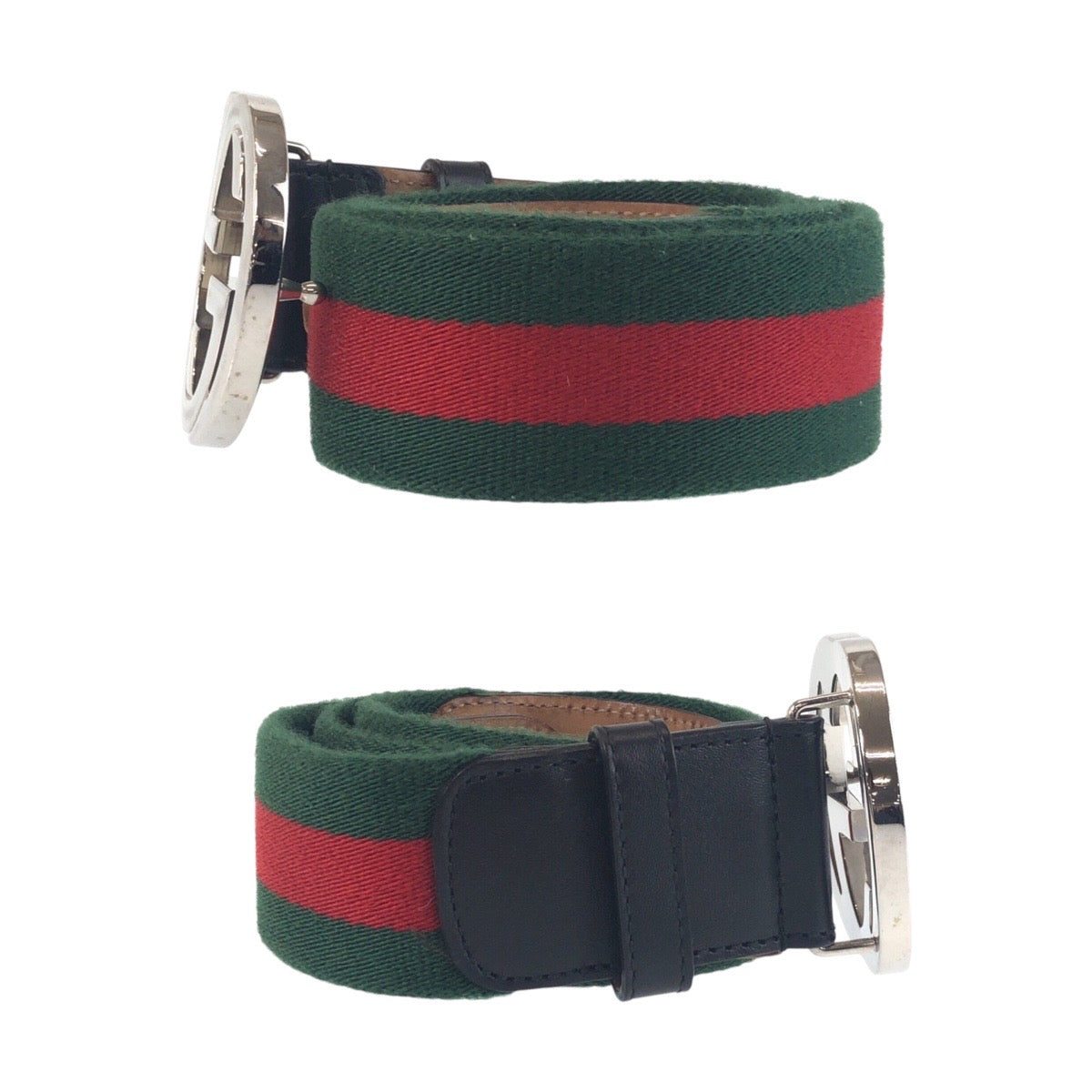 GUCCI belt 411924 Canvas, Leather Green Black SilverMetal Belts Unisex Sherry line Interlocking mens 34