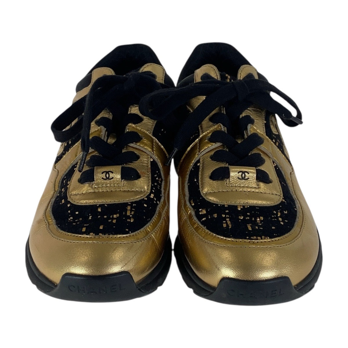 CHANEL sneakers Leather, Tweed Gold black Sneakers low cut COCO Mark Women 37.5
