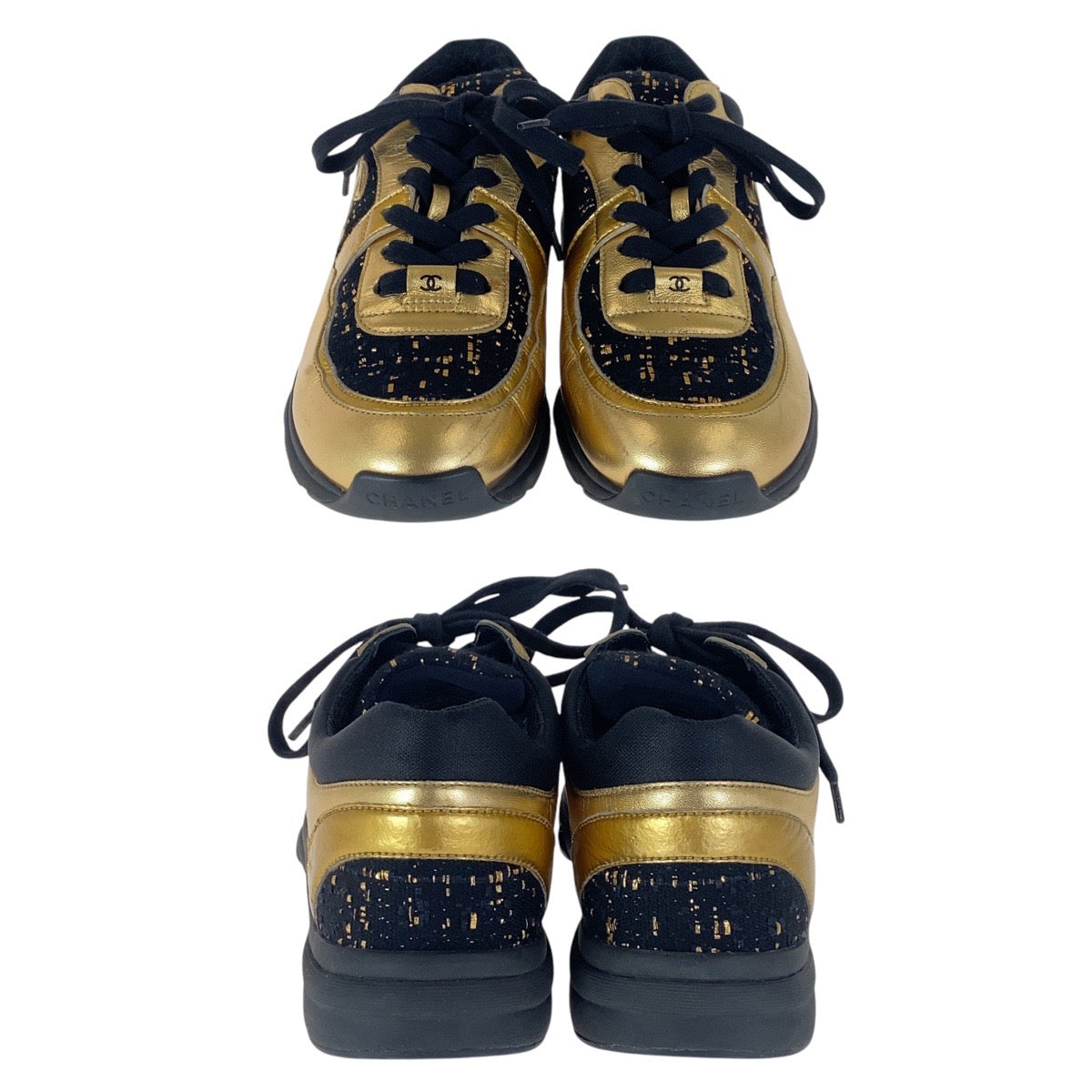CHANEL sneakers Leather, Tweed Gold black Sneakers low cut COCO Mark Women 37.5