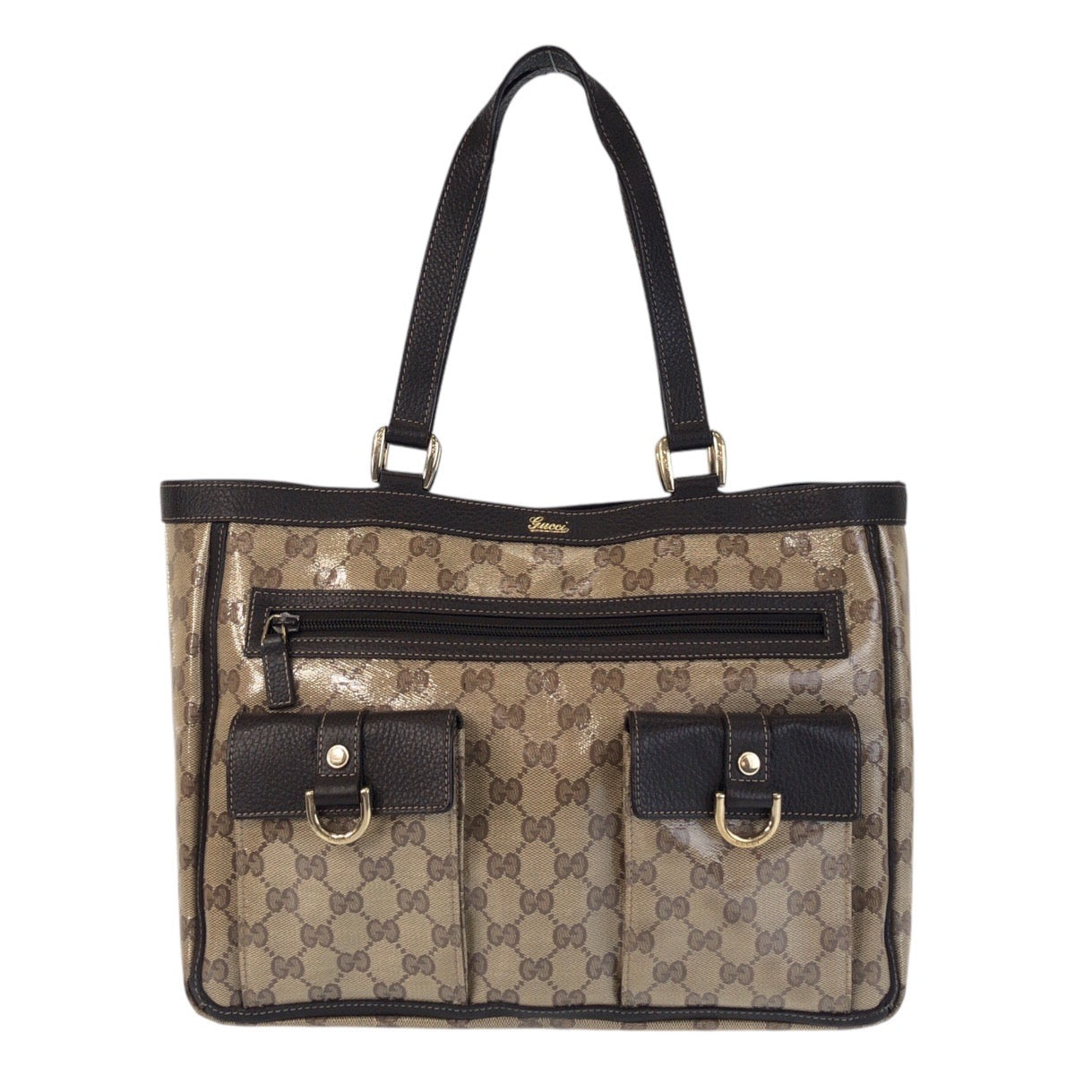 GUCCI Tote Bag 268639 Coated canvas, leather Beige Brown Gold Metal Tote Bag Shoulder Bag GG crystal Women