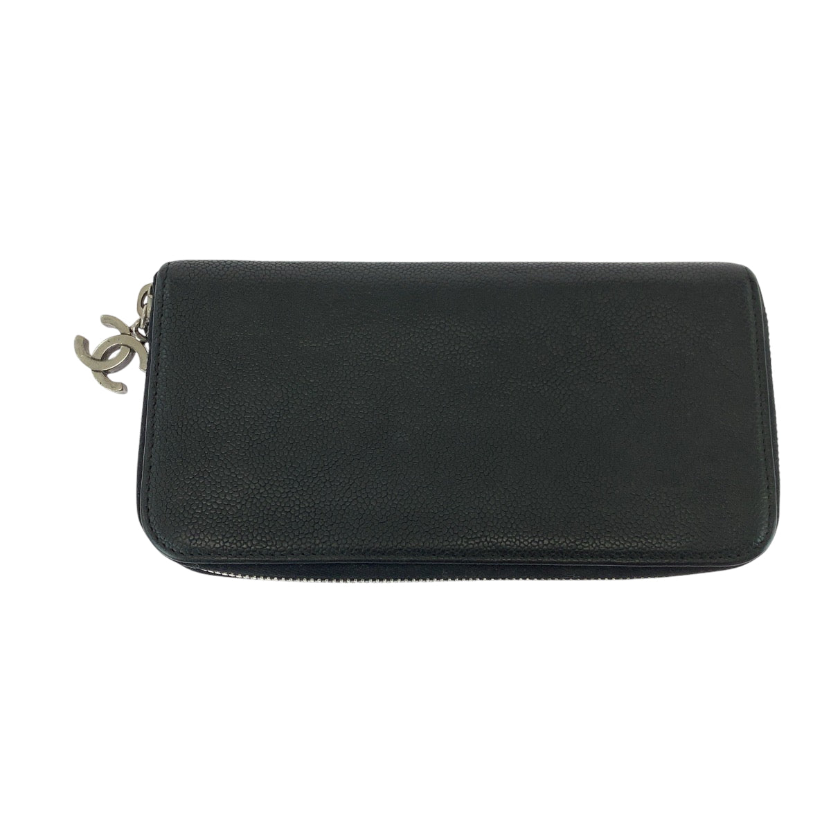 CHANEL Long Wallet Purse Caviar skin Black SilverMetal Long Wallet Purse Zip Around COCO Mark Women