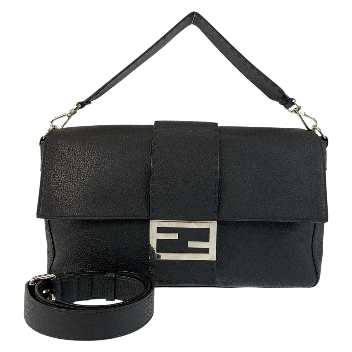 FENDI Shoulder Bag leather Black SilverMetal Shoulder Bag Handbag 2way Celeria Mamma Bucket mens