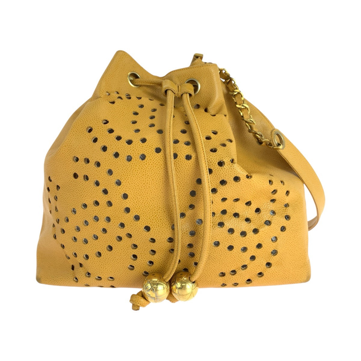 CHANEL Shoulder Bag Caviar skin Yellow Gold Metal Drawstring Shoulder Bag punching Triple COCO Mark Women
