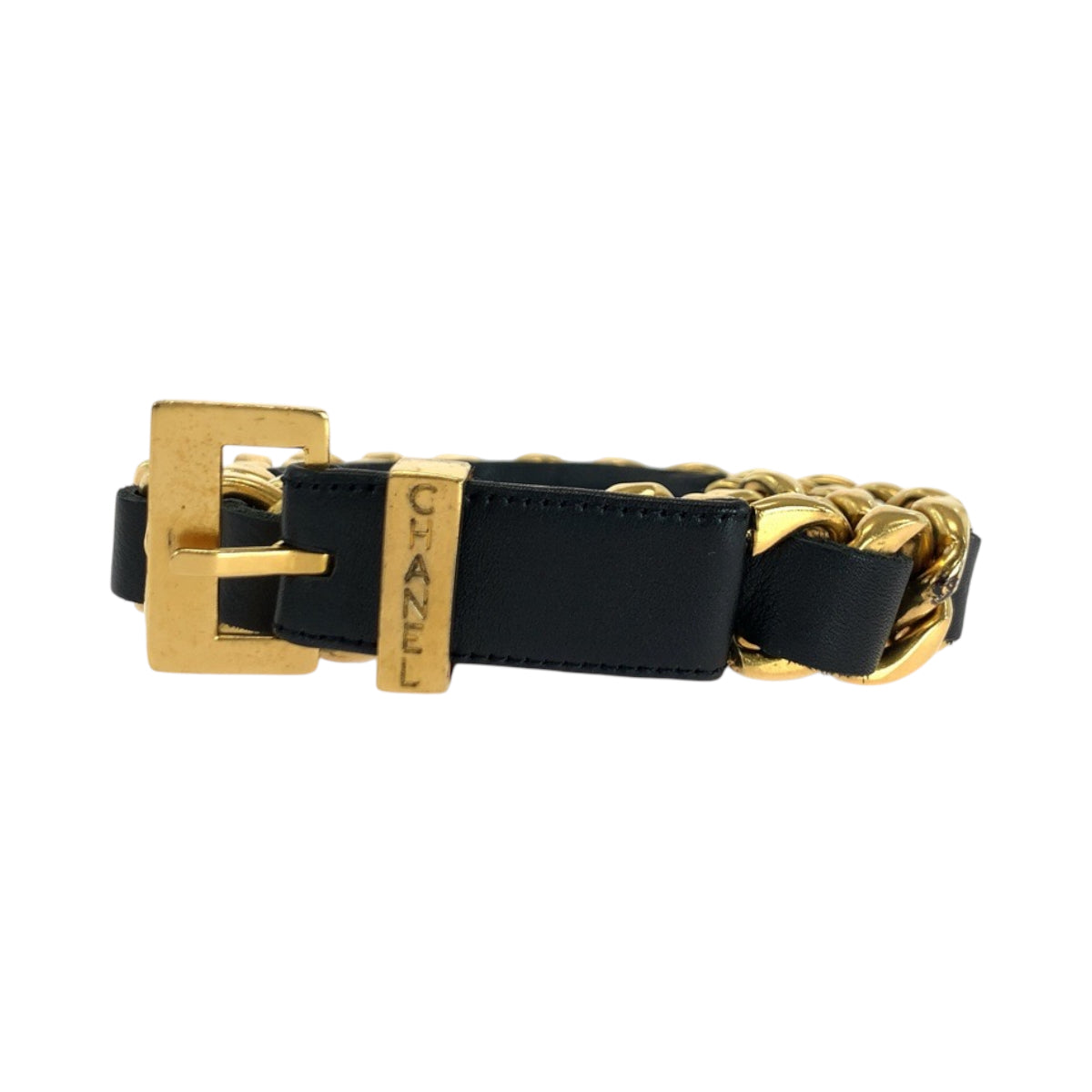 CHANEL belt leather black Chain belt Women 30