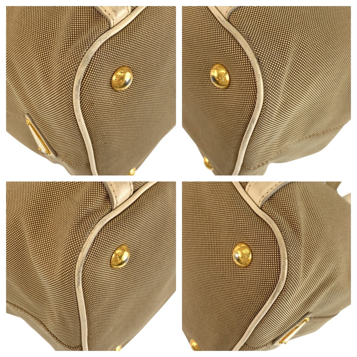 PRADA Tote Bag Canvas, Leather Beige Gold Metal Tote Bag Shoulder Bag 2way Logo jacquard Women