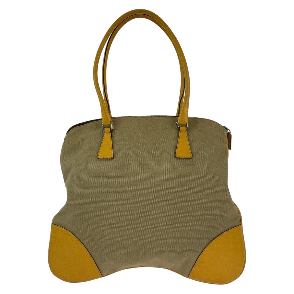 PRADA Tote Bag Canvas, Leather Beige Yellow SilverMetal Tote Bag Handbag Shoulder Bag Triangle With logo Women