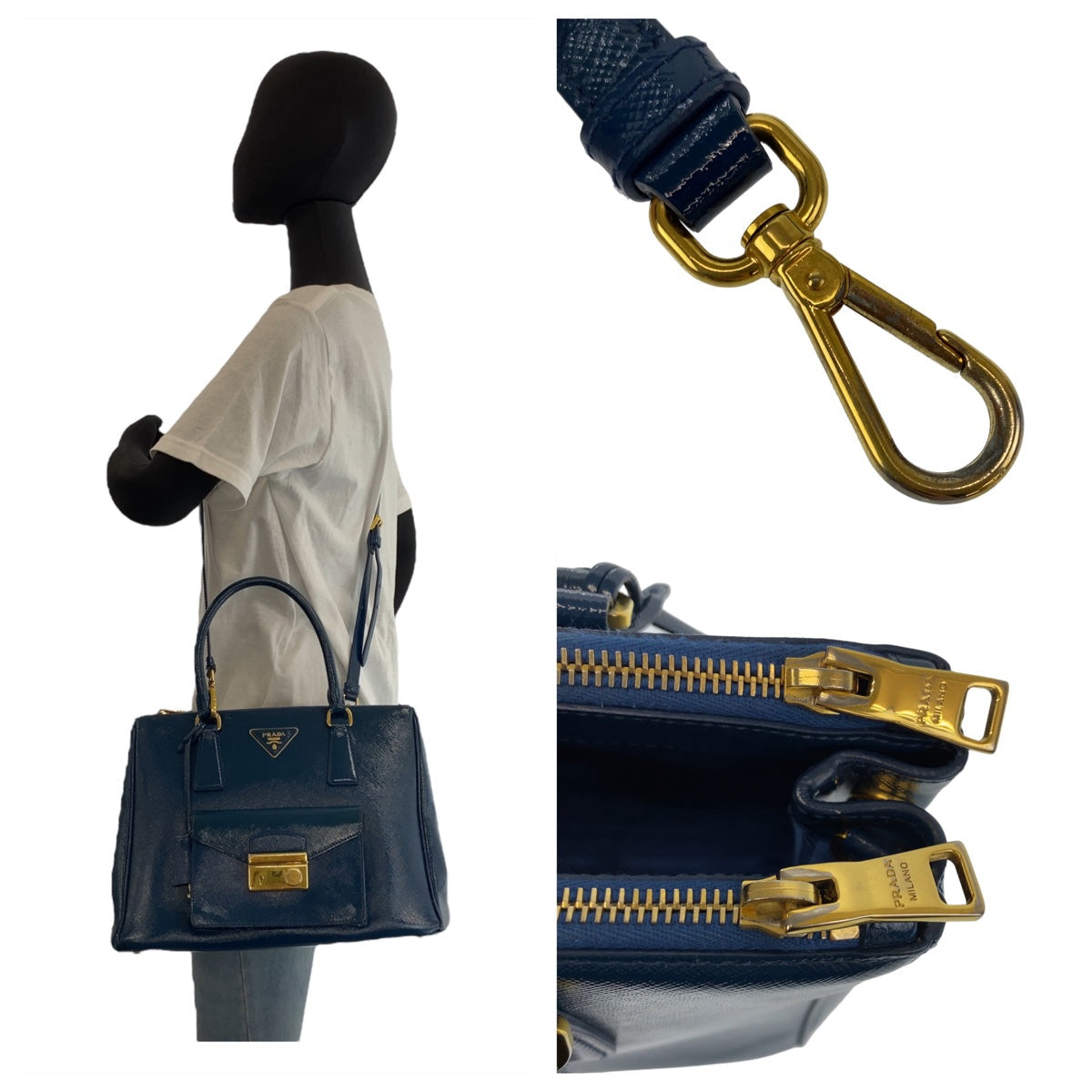PRADA Handbag leather Blue Gold Metal 2way Handbag Crossbody Shoulder Bag Safiano Triangle With logo Women
