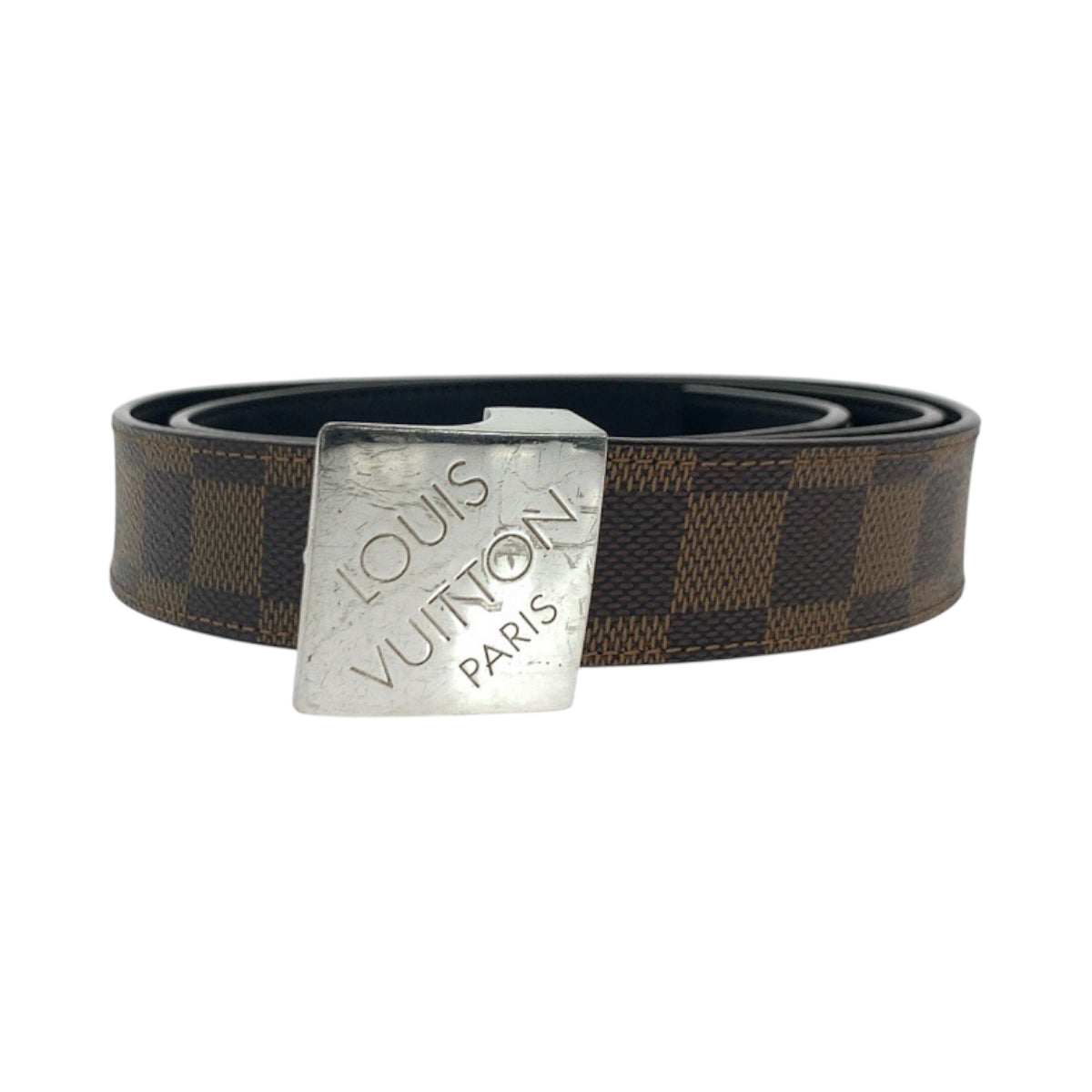 LOUIS VUITTON belt M6803 PVC Brown Silver Metal belt Damier Sainteure Carre mens 36