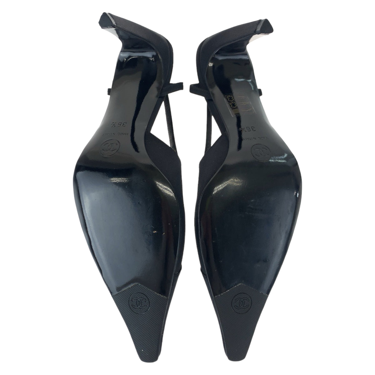 CHANEL pumps Satin Black SilverMetal Pumps Mules High Heels COCO Mark Rhinestone Women 23.5
