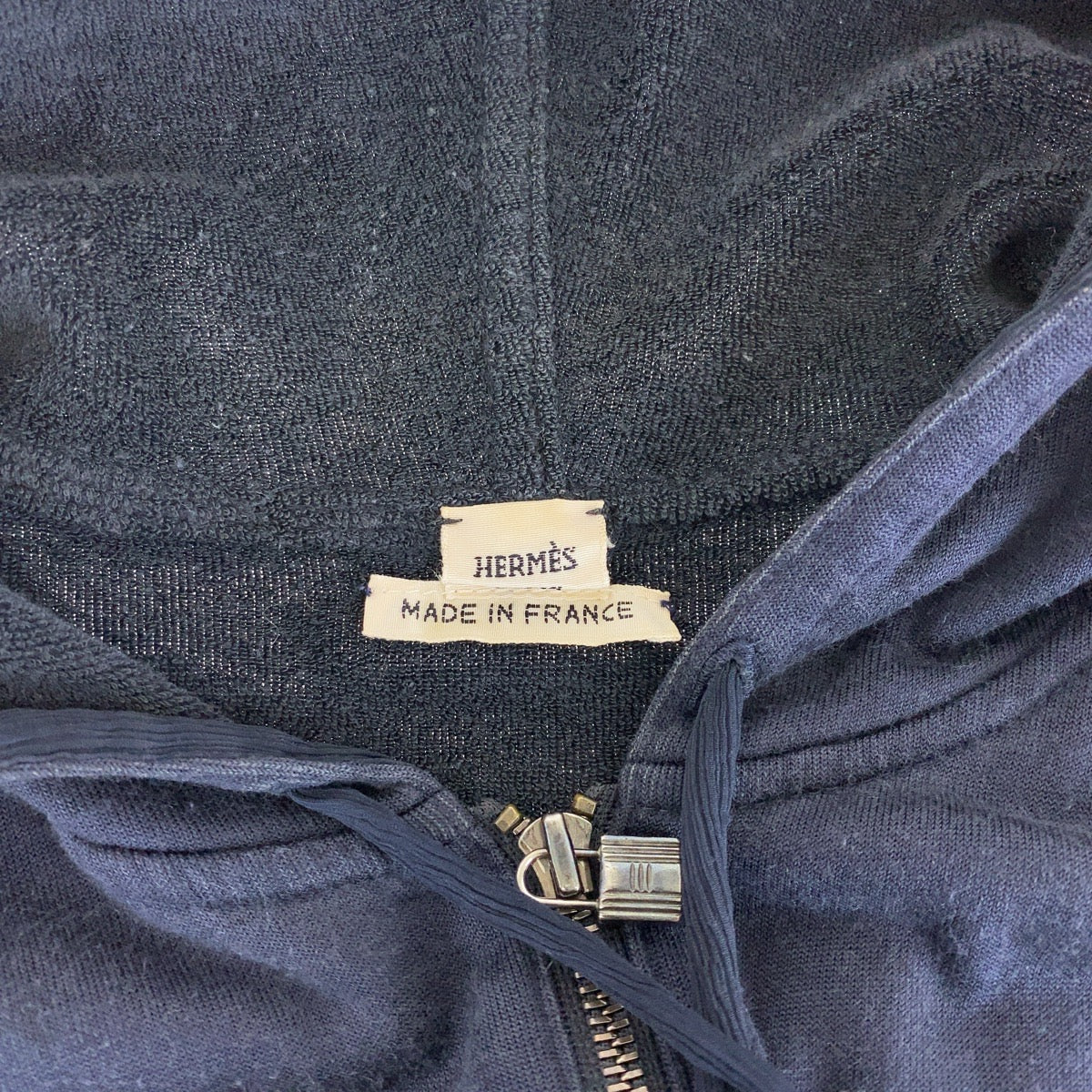 HERMES Hoodie Cotton, Silk Navy SilverMetal Zip-up Hoodie Unisex Women 38