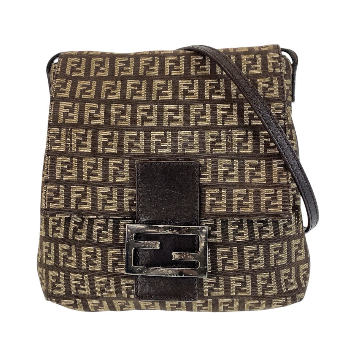 FENDI Shoulder Bag canvas Brown Silver Metal Shoulder Bag pochette Zucchino Kamsepochet Women