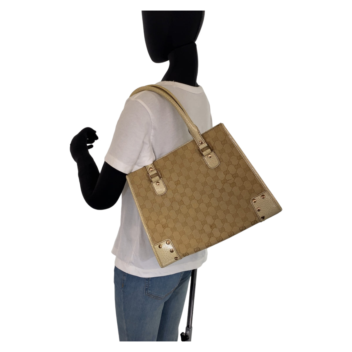 GUCCI Tote Bag 214397 Canvas, Leather Beige Ivory Gold Metal Tote Bag Shoulder Bag GG canvas Women