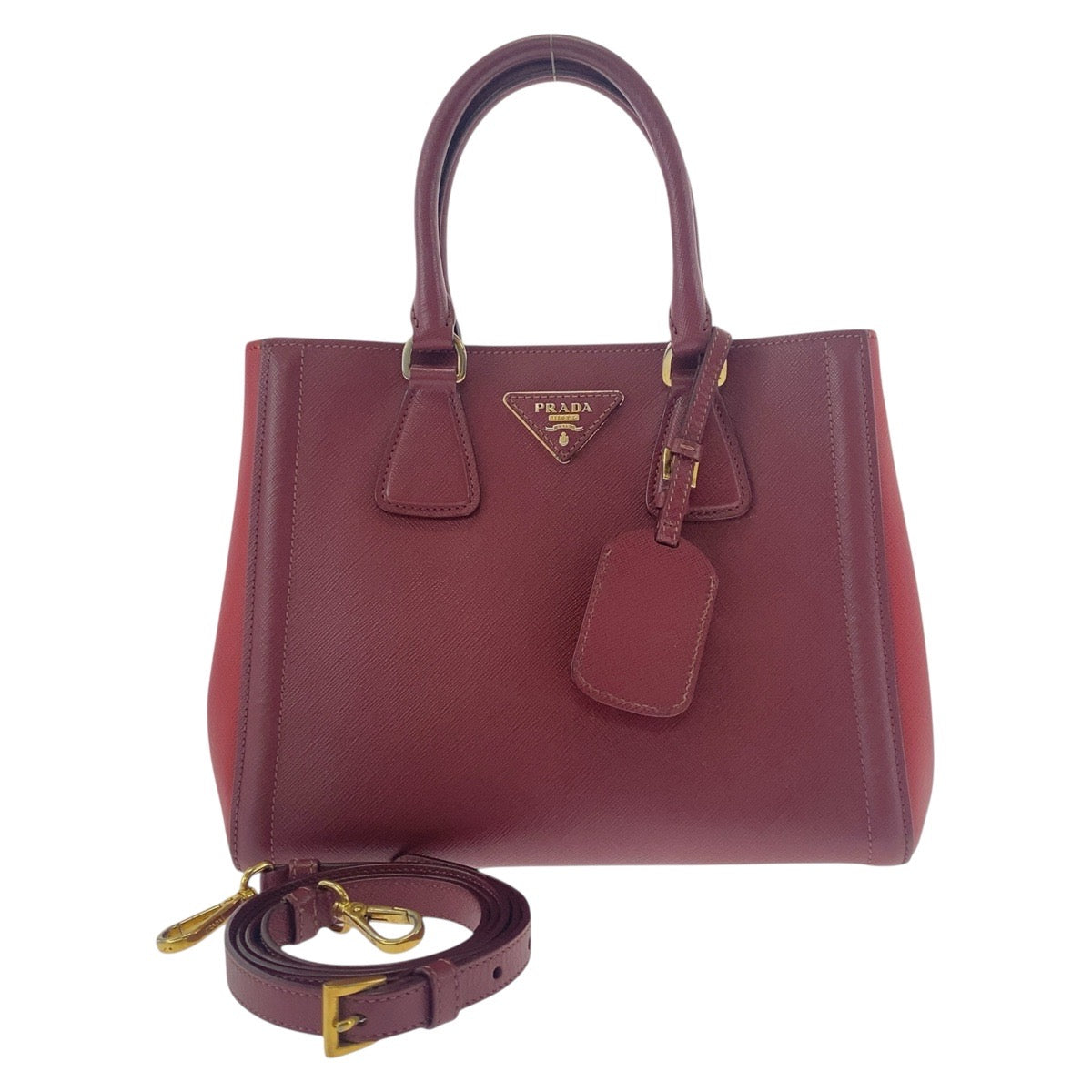 PRADA Handbag leather Red Wine Red Gold Metal Handbag Tote Bag Shoulder Bag 2WAY Safiano Triangle With logo Women