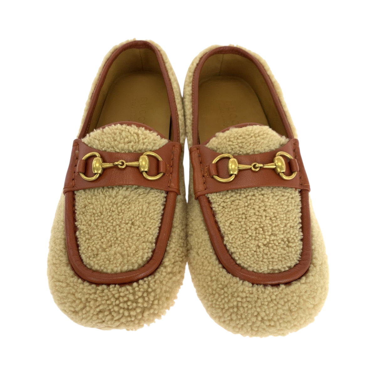 GUCCI loafers 716017 Mouton Brown Gold Metal Loafer moccasin Horsebit Mouton Women 8