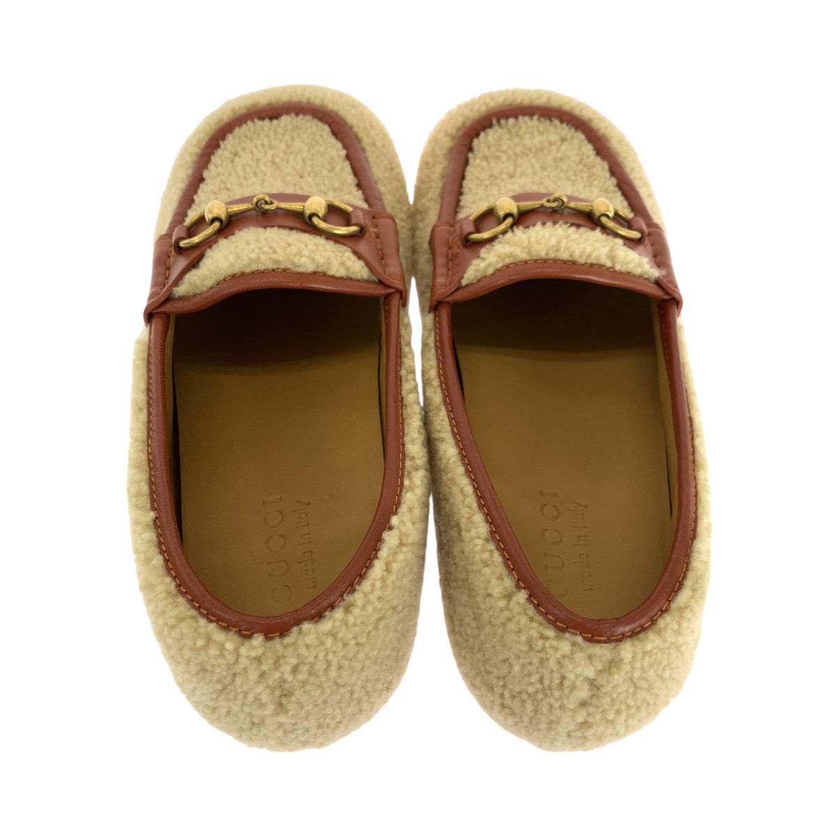GUCCI loafers 716017 Mouton Brown Gold Metal Loafer moccasin Horsebit Mouton Women 8