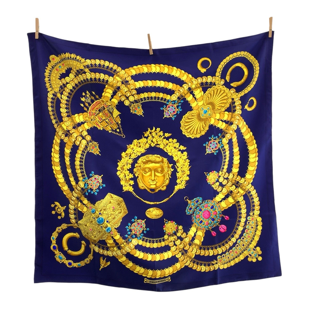 HERMES scarf silk Navy yellow Scarf Large Scarf KOSMIMA Carre90 Women