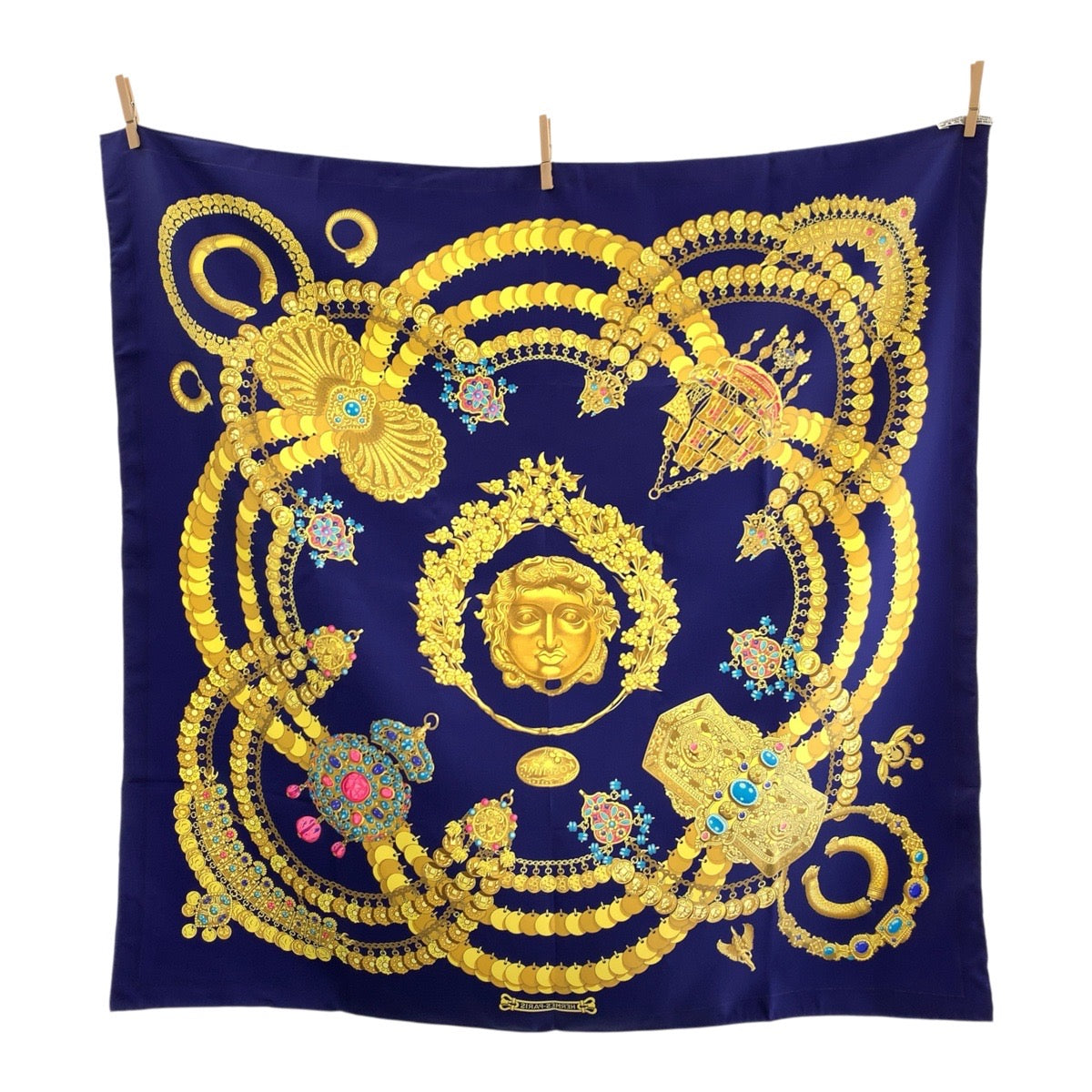 HERMES scarf silk Navy yellow Scarf Large Scarf KOSMIMA Carre90 Women