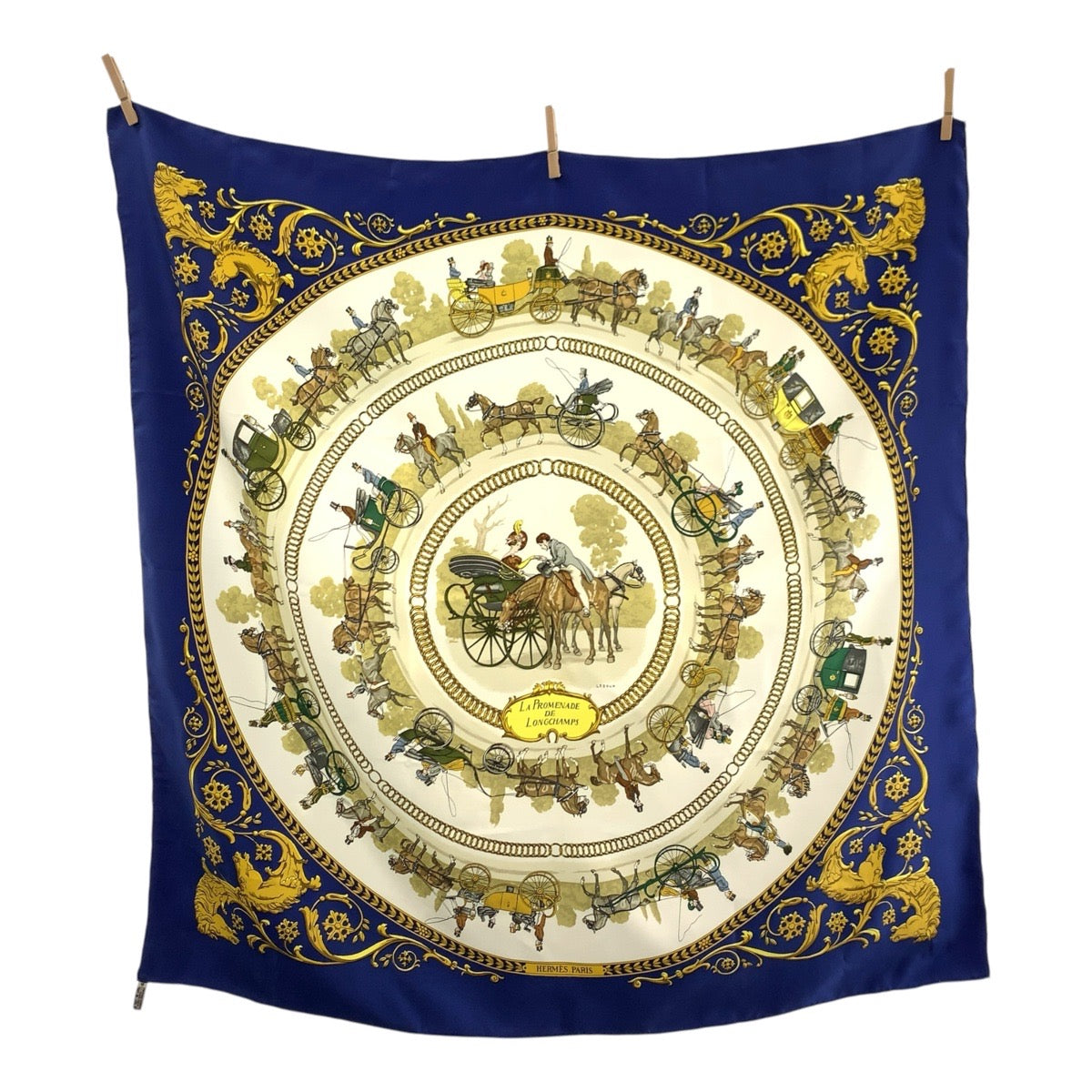 HERMES scarf silk Blue multicolor Scarf Large Scarf La Promenade de Longchamps Carre90 Women