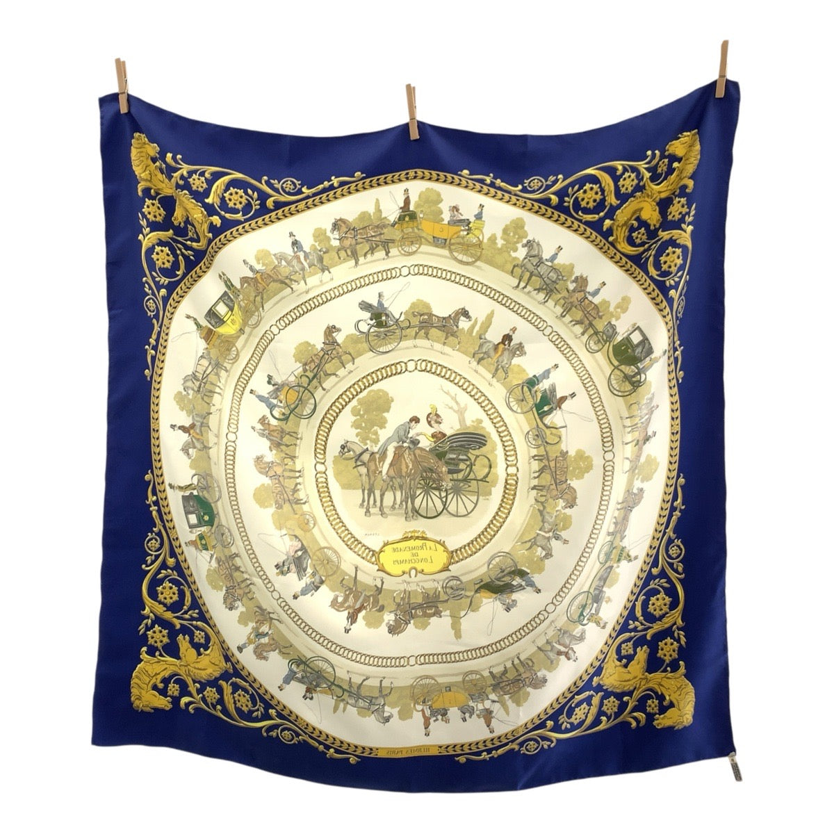 HERMES scarf silk Blue multicolor Scarf Large Scarf La Promenade de Longchamps Carre90 Women